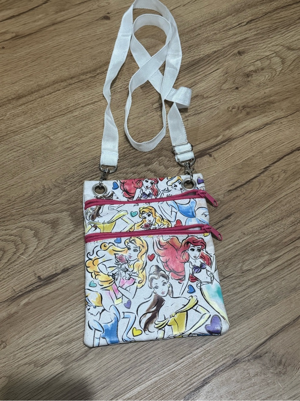Disney White Crossbody Satchel with Pink Zippers and Multicolor Princess Art